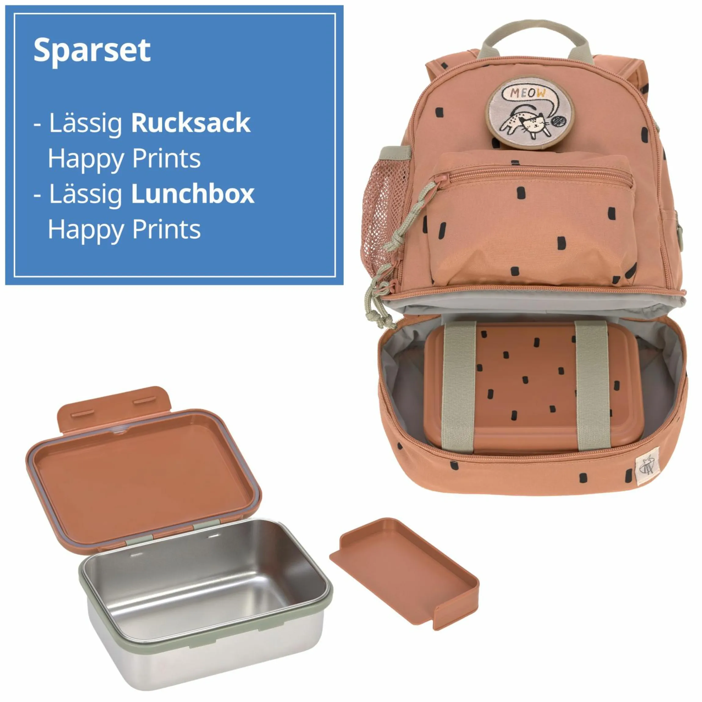 2-tlg. Set Rucksack Mini Backpack & Edelstahl-Brotdose Lunchbox - Happy Prints - Caramel