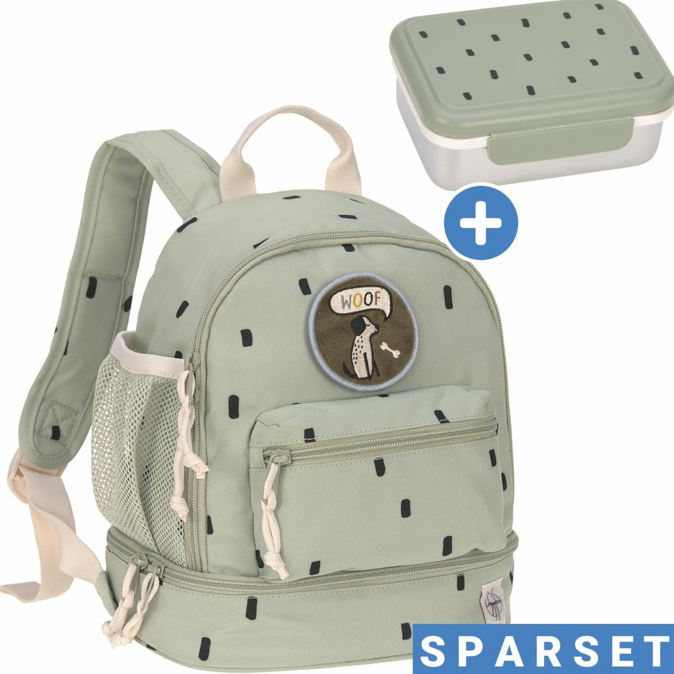 2-tlg. Set Rucksack Mini Backpack & Edelstahl-Brotdose Lunchbox - Happy Prints - Light Olive