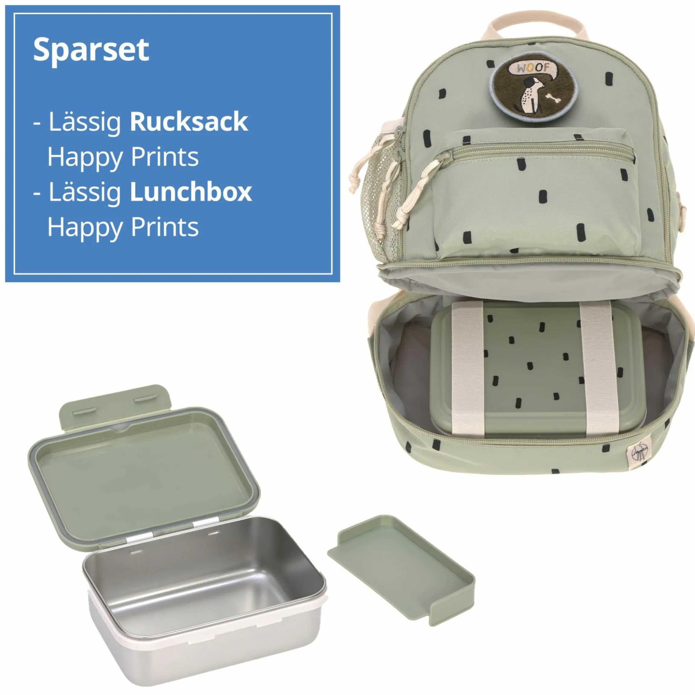 2-tlg. Set Rucksack Mini Backpack & Edelstahl-Brotdose Lunchbox - Happy Prints - Light Olive