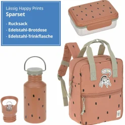 3-tlg. Set Rucksack Mini Square Backpack + Brotdose + Trinkflasche - Happy Prints - Caramel