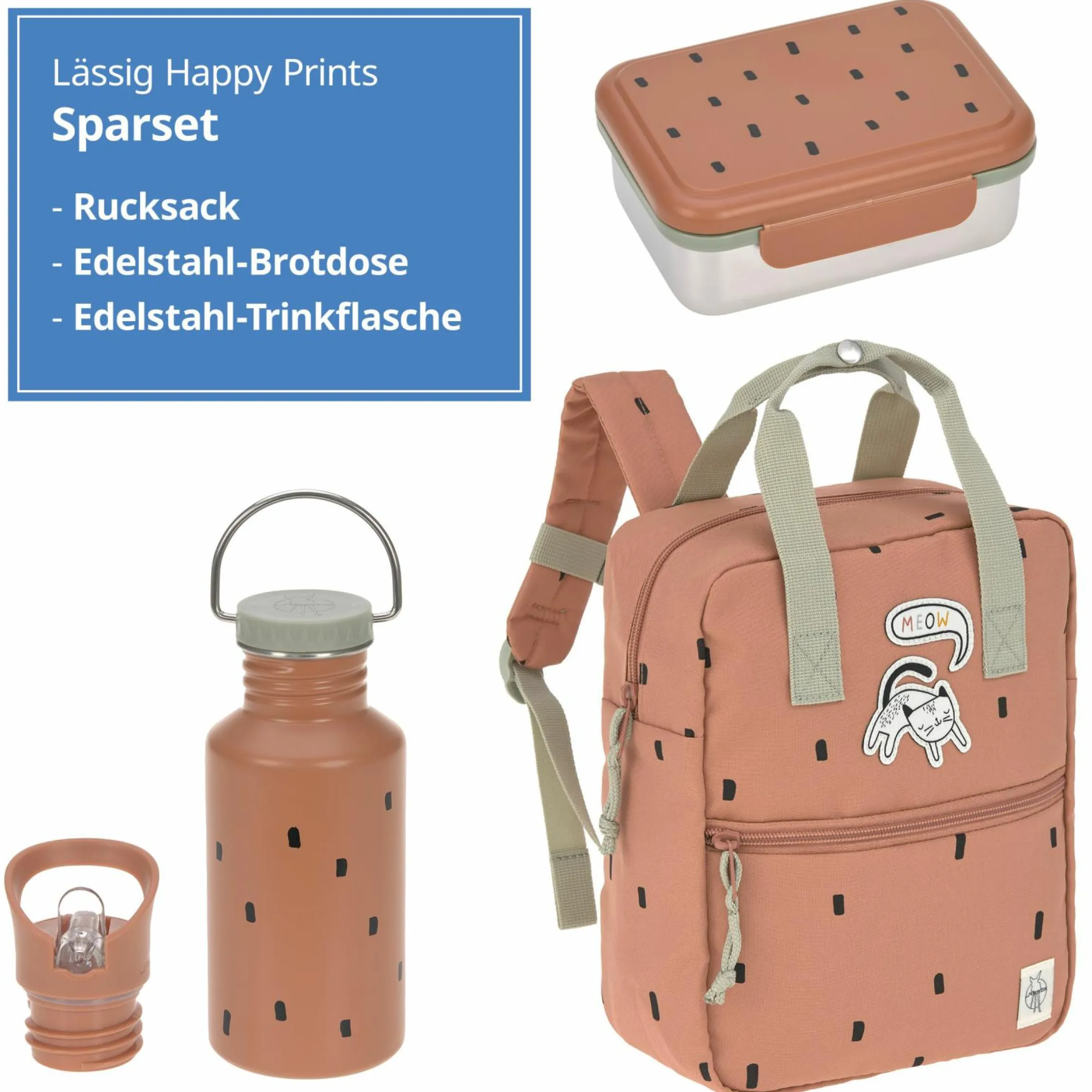 3-tlg. Set Rucksack Mini Square Backpack + Brotdose + Trinkflasche - Happy Prints - Caramel