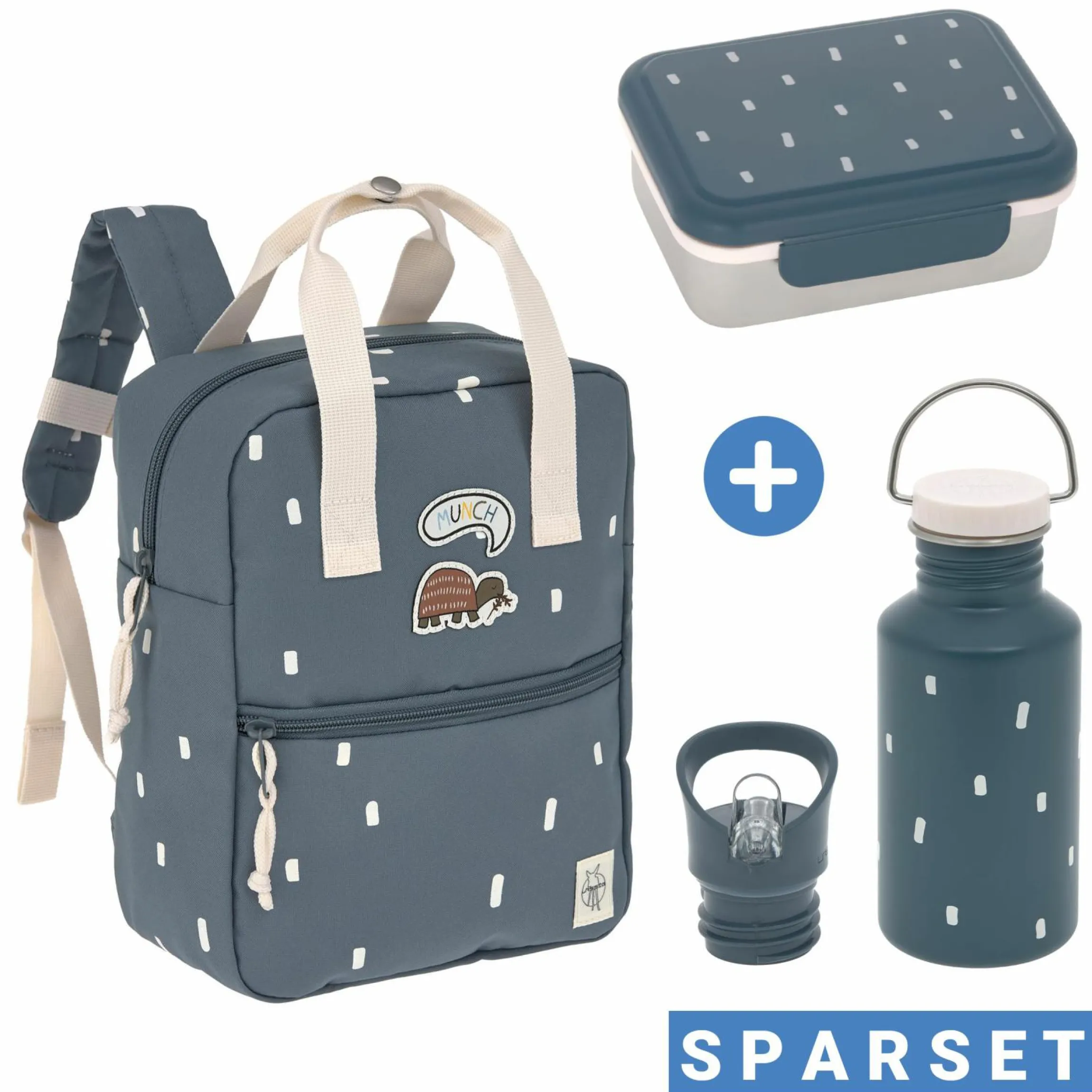 3-tlg. Set Rucksack Mini Square Backpack + Brotdose + Trinkflasche - Happy Prints - Midnight Blue