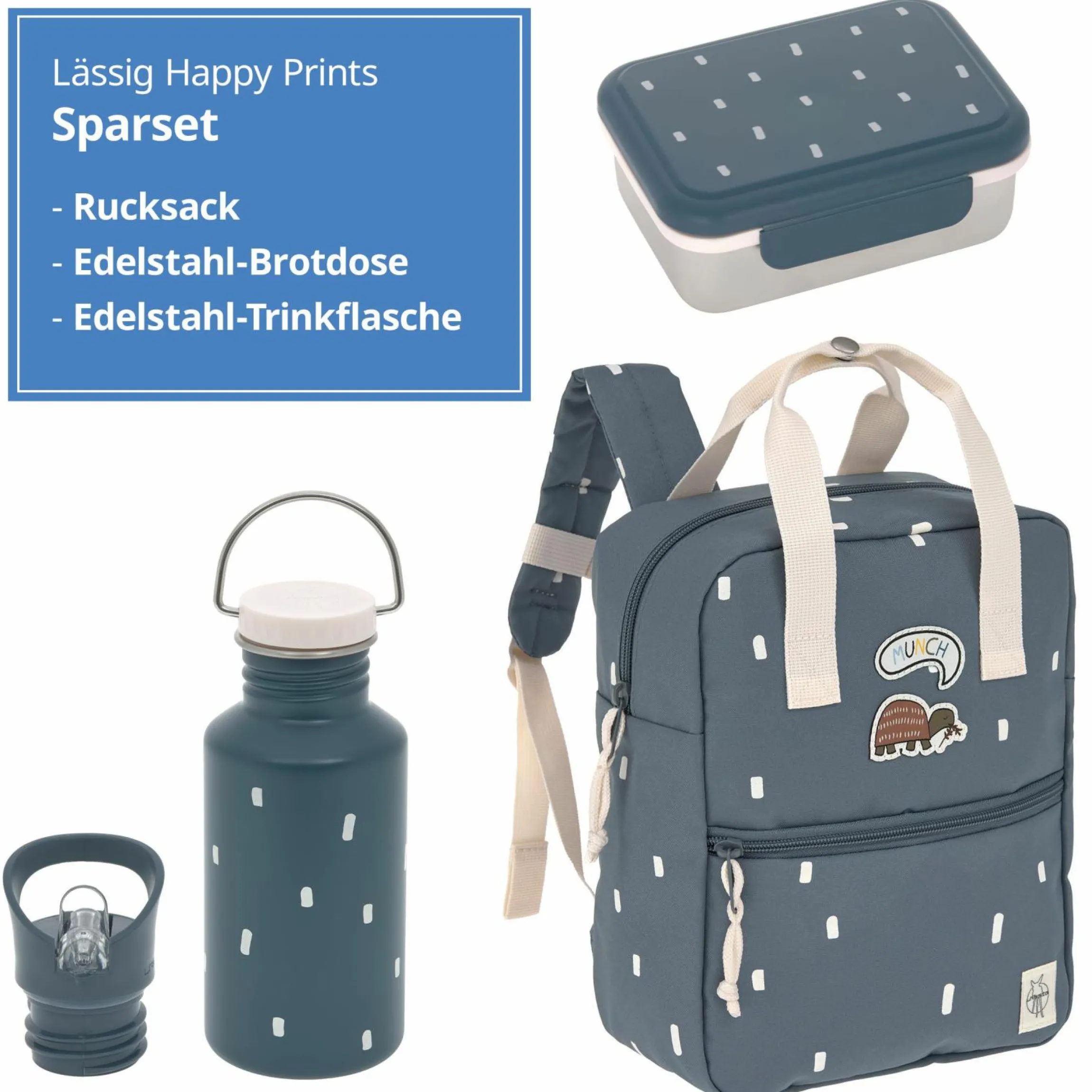 3-tlg. Set Rucksack Mini Square Backpack + Brotdose + Trinkflasche - Happy Prints - Midnight Blue