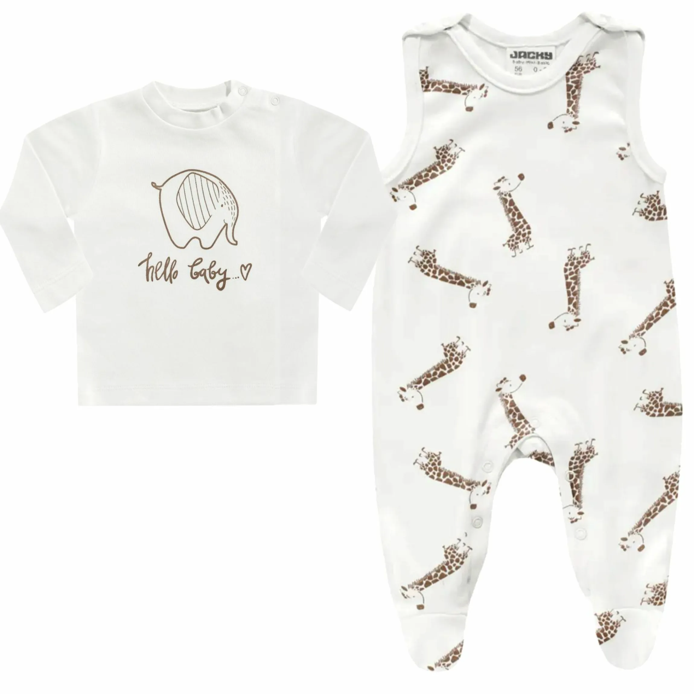 2-tlg. Set Strampler & Shirt - Giraffe & Elefant - Offwhite - Gr. 68