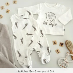 2-tlg. Set Strampler & Shirt - Giraffe & Elefant - Offwhite - Gr. 68