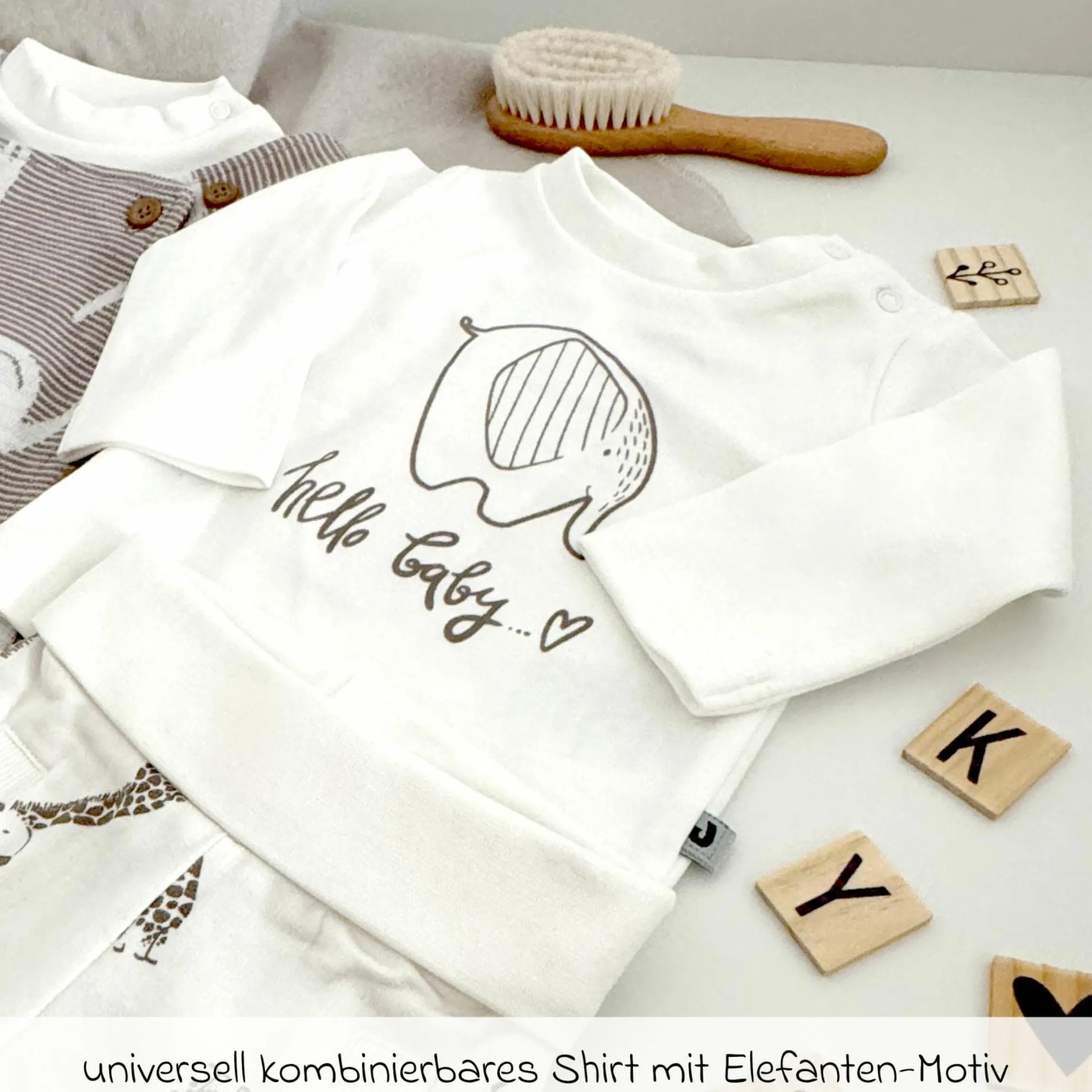 2-tlg. Set Strampler & Shirt - Giraffe & Elefant - Offwhite - Gr. 68