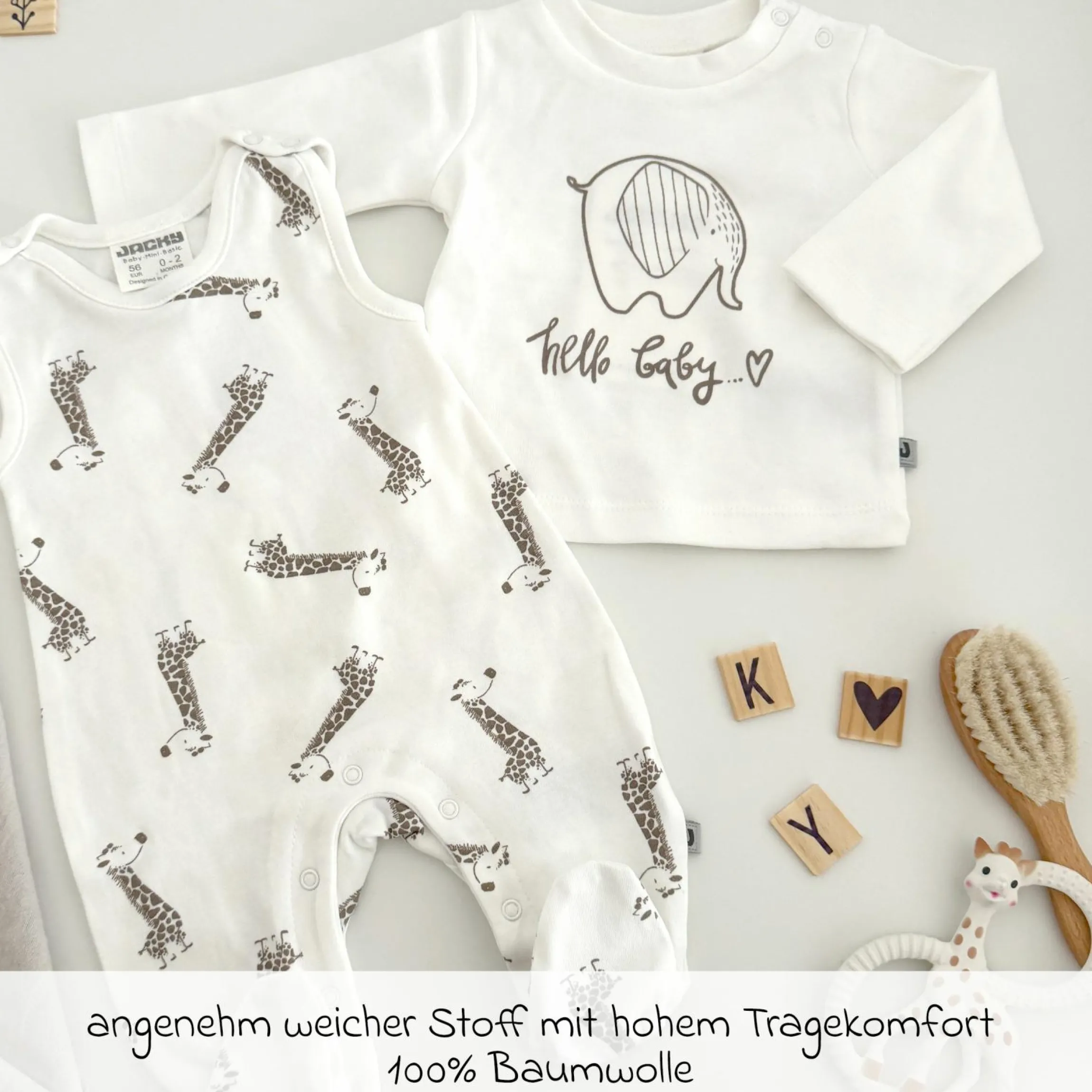 2-tlg. Set Strampler & Shirt - Giraffe & Elefant - Offwhite - Gr. 68