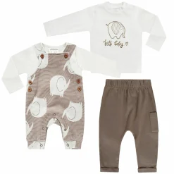 4-tlg. Set Strampler, Jogginghose & 2 Langarmshirts - Elefant - Mokka Offwhite - Gr. 74