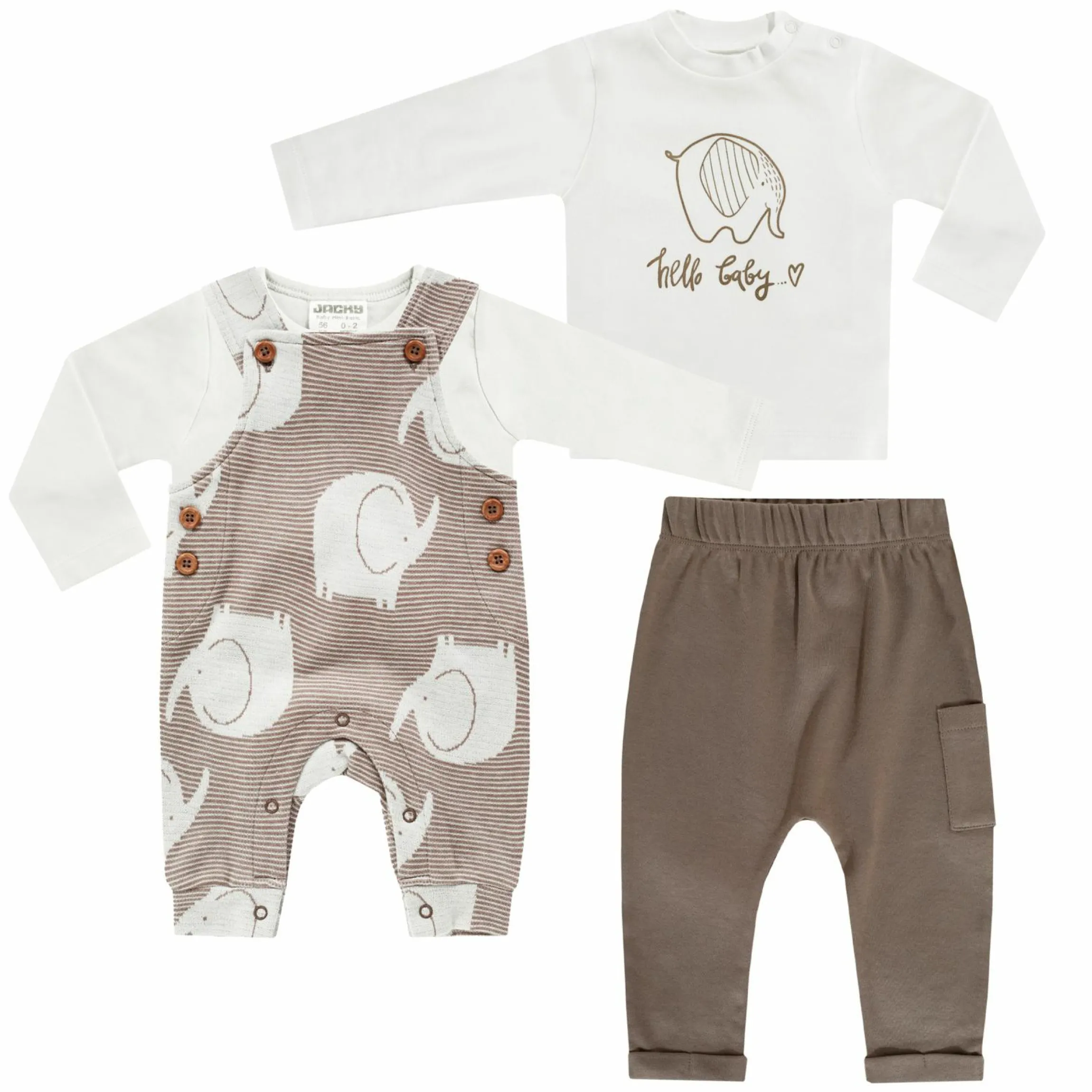 4-tlg. Set Strampler, Jogginghose & 2 Langarmshirts - Elefant - Mokka Offwhite - Gr. 74