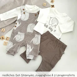 4-tlg. Set Strampler, Jogginghose & 2 Langarmshirts - Elefant - Mokka Offwhite - Gr. 74