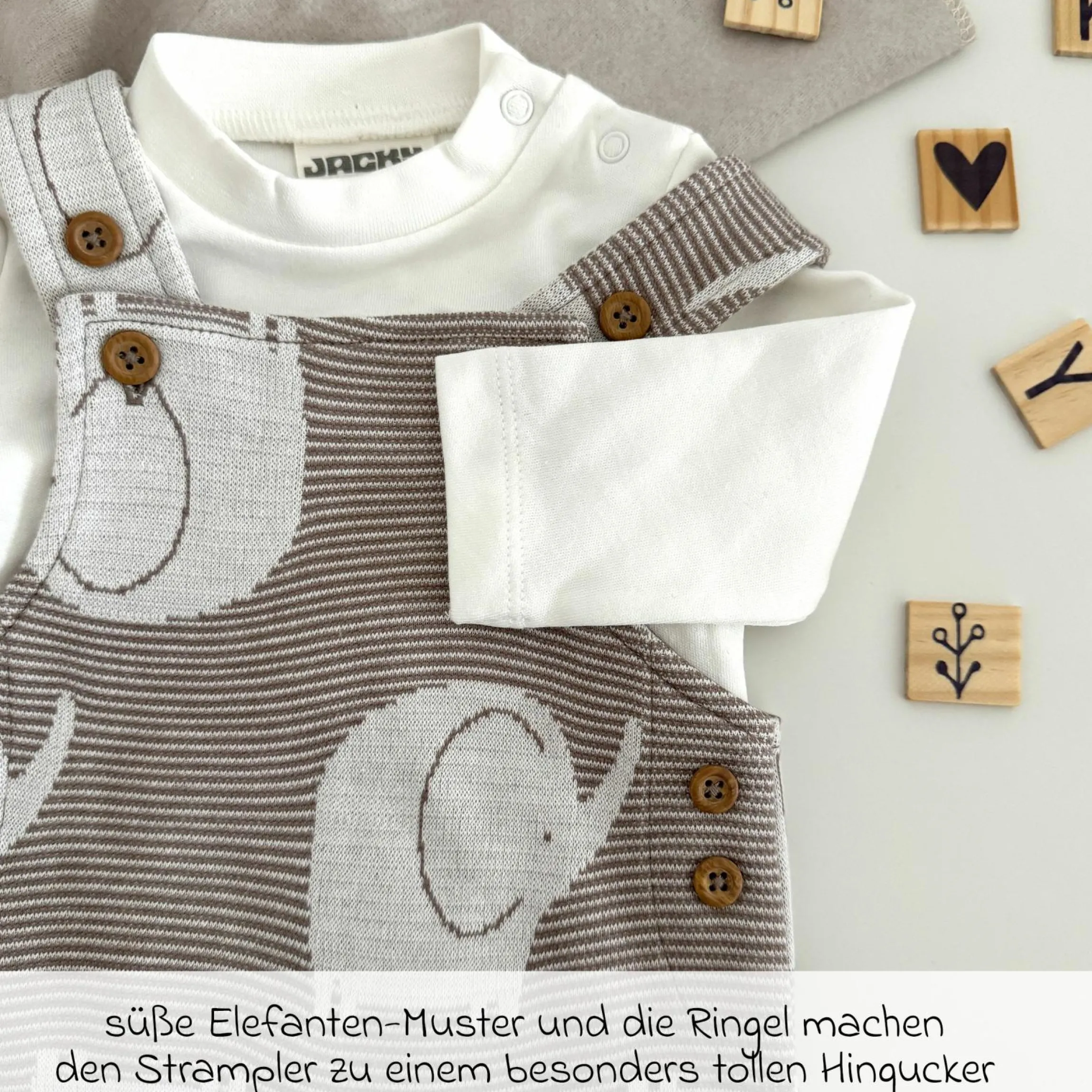 4-tlg. Set Strampler, Jogginghose & 2 Langarmshirts - Elefant - Mokka Offwhite - Gr. 74