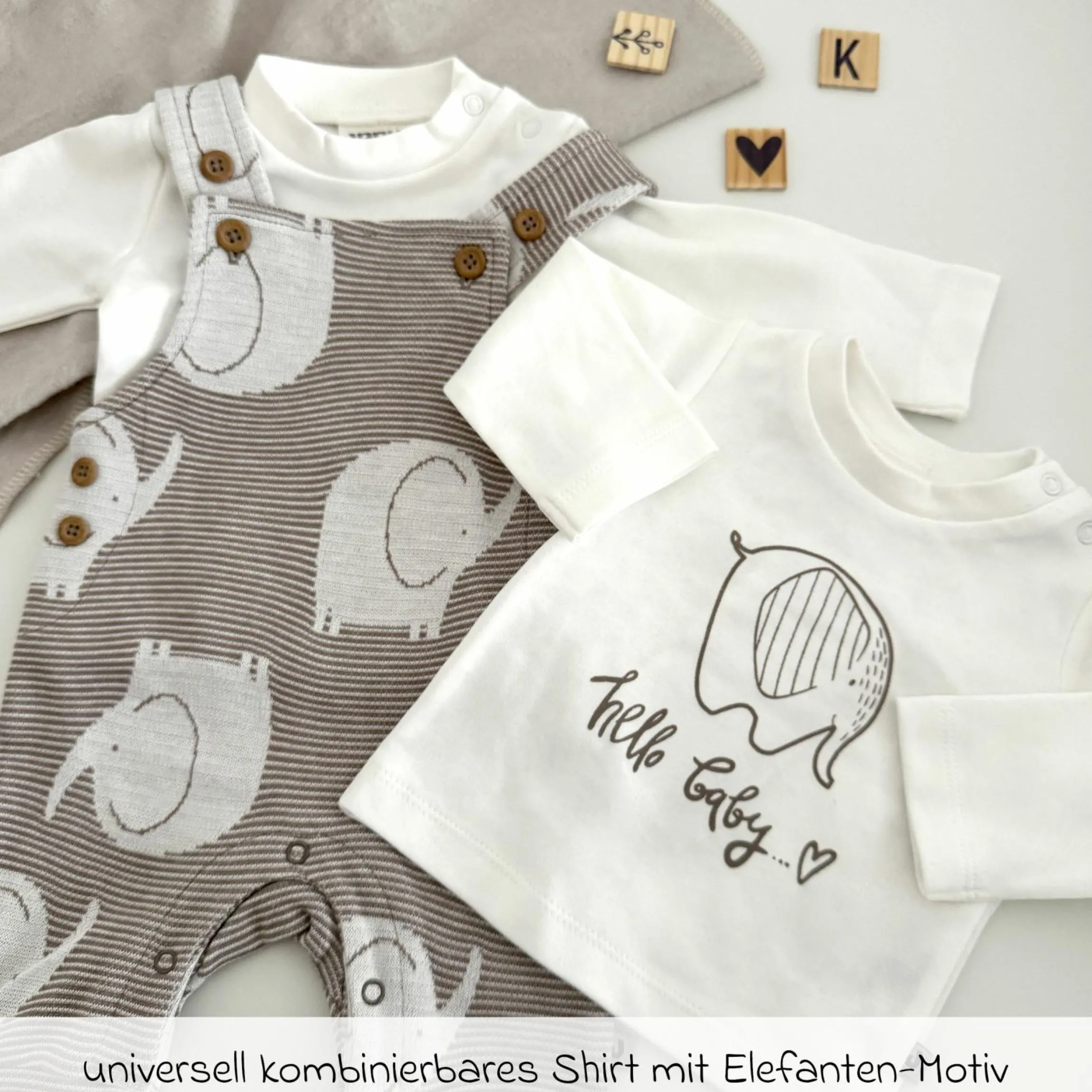 4-tlg. Set Strampler, Jogginghose & 2 Langarmshirts - Elefant - Mokka Offwhite - Gr. 74