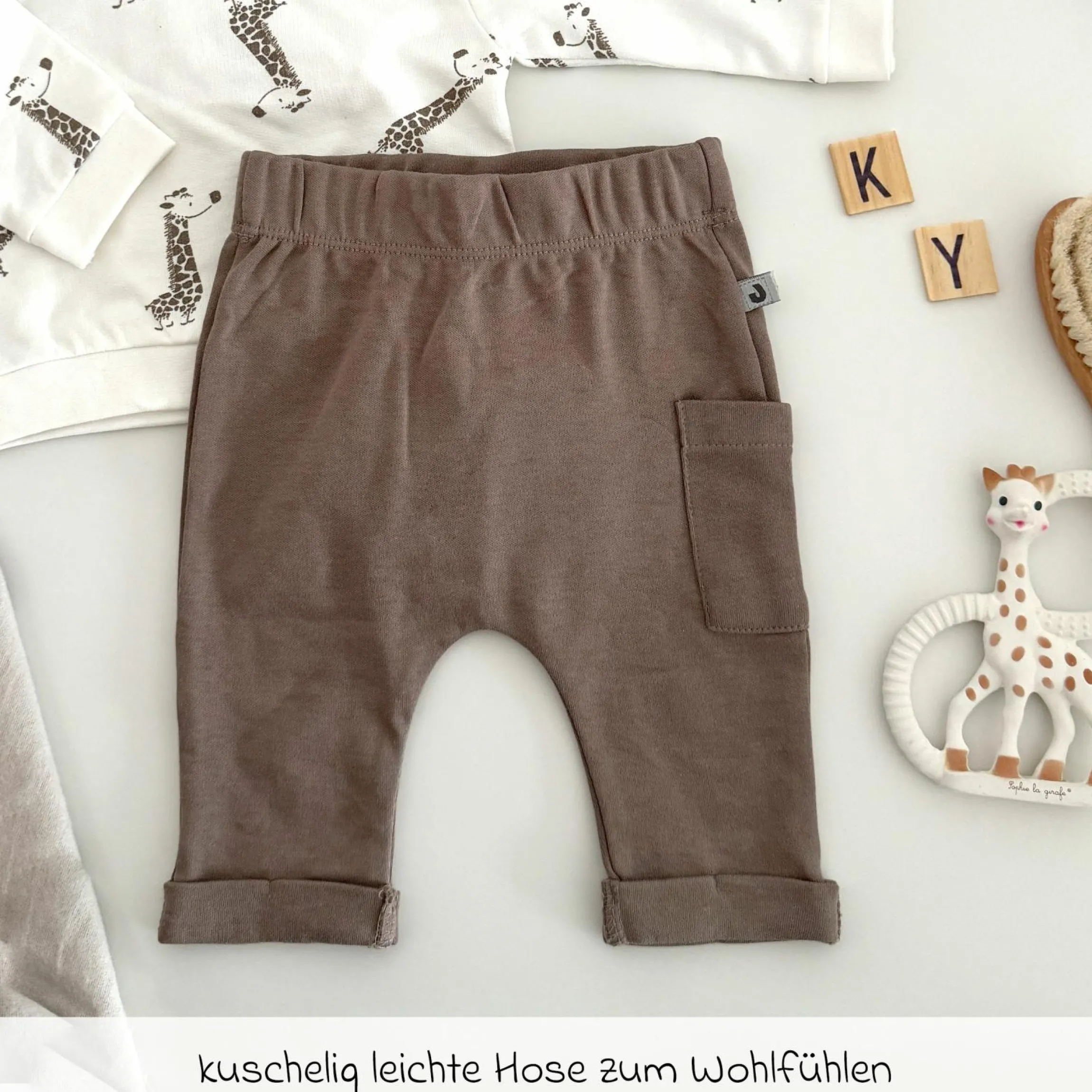 4-tlg. Set Strampler, Jogginghose & 2 Langarmshirts - Elefant - Mokka Offwhite - Gr. 74