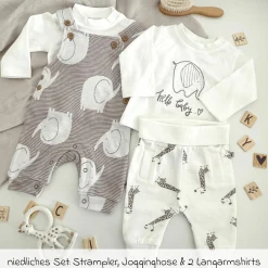 4-tlg. Set Strampler, Langarmshirt & Jogginghose - Giraffe & Elefant - Offwhite Mokka - Gr. 74