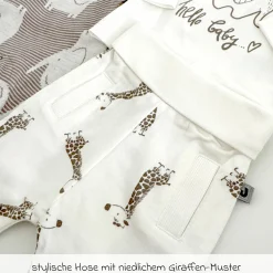 4-tlg. Set Strampler, Langarmshirt & Jogginghose - Giraffe & Elefant - Offwhite Mokka - Gr. 74