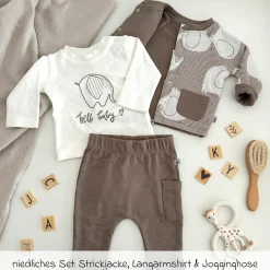 3-tlg. Set Strickjacke, Langarmshirt & Jogginghose - Elefant - Mokka Offwhite - Gr. 74