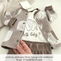 3-tlg. Set Strickjacke, Langarmshirt & Jogginghose - Elefant - Mokka Offwhite - Gr. 74