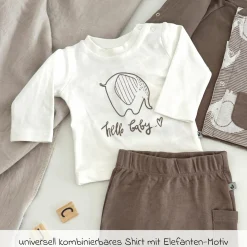 3-tlg. Set Strickjacke, Langarmshirt & Jogginghose - Elefant - Mokka Offwhite - Gr. 74