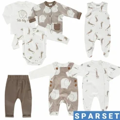 8-tlg. Set Strickjacke, 2x Strampler, 2x Langarmshirt, Wickelbody, Jogginghose & Schlafanzug - Giraffe & Elefant - Offwhite Mokka - Gr. 68