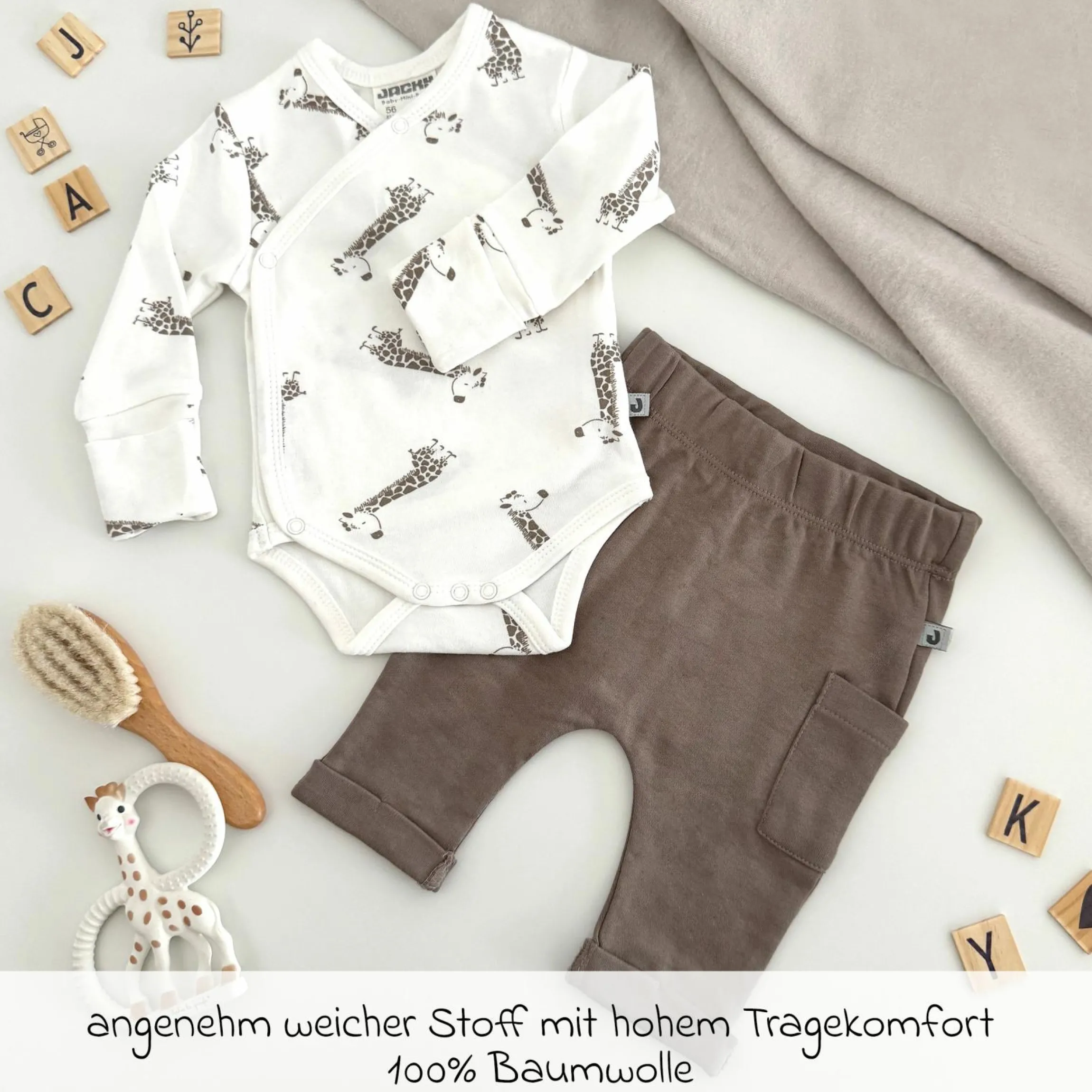 2-tlg. Set Wickelbody & Jogginghose - Giraffe Allover - Mokka Offwhite - Gr. 74