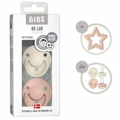 3-tlg. Starter-Set - De Lux Schnuller 2er Pack Silikon + Beißring Baby Bitie Star - Ivory / Blush