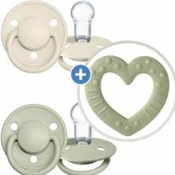 3-tlg. Starter-Set - De Lux Schnuller 2er Pack Silikon + Beißring Baby Bitie Heart - Ivory / Sage