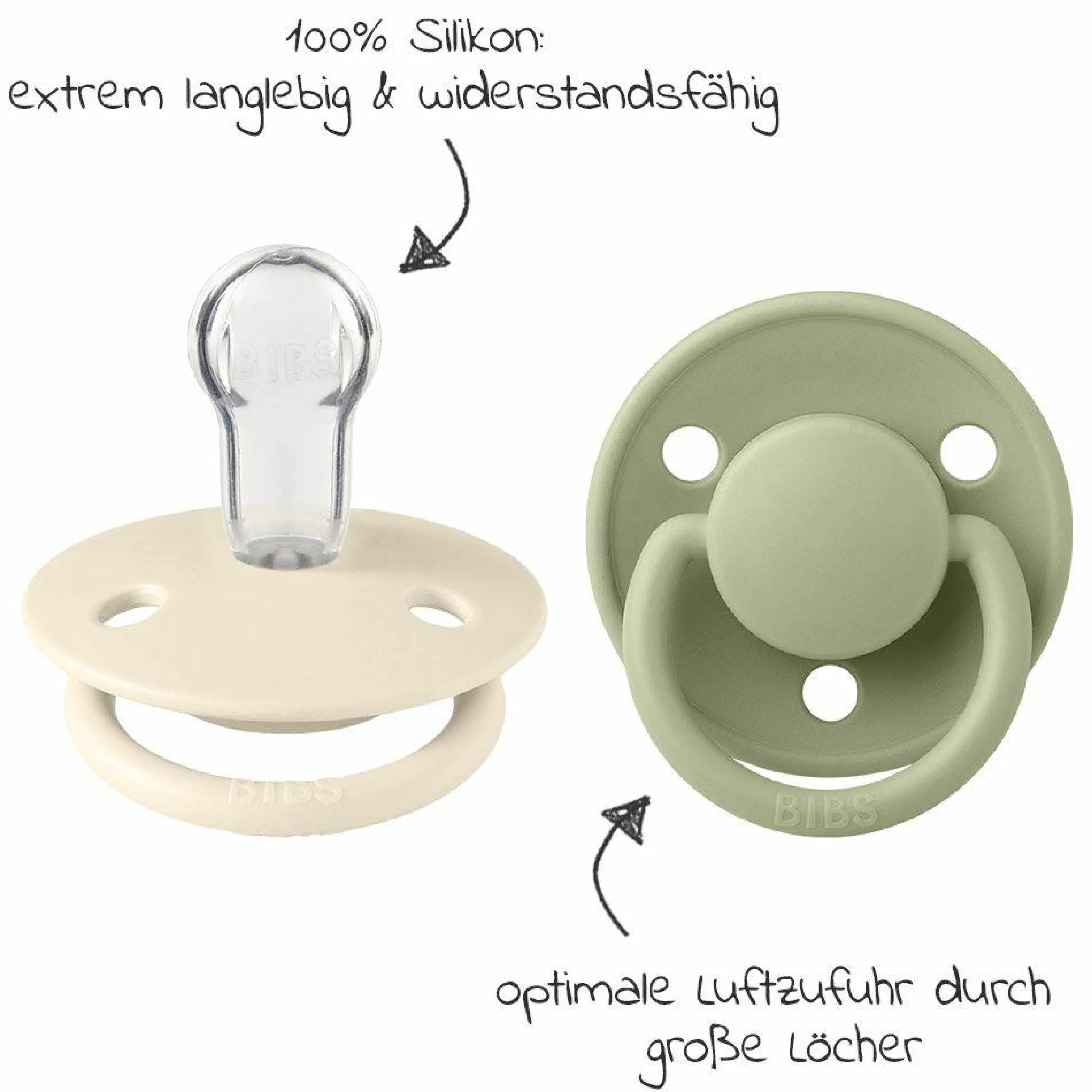 3-tlg. Starter-Set - De Lux Schnuller 2er Pack Silikon + Beißring Baby Bitie Heart - Ivory / Sage