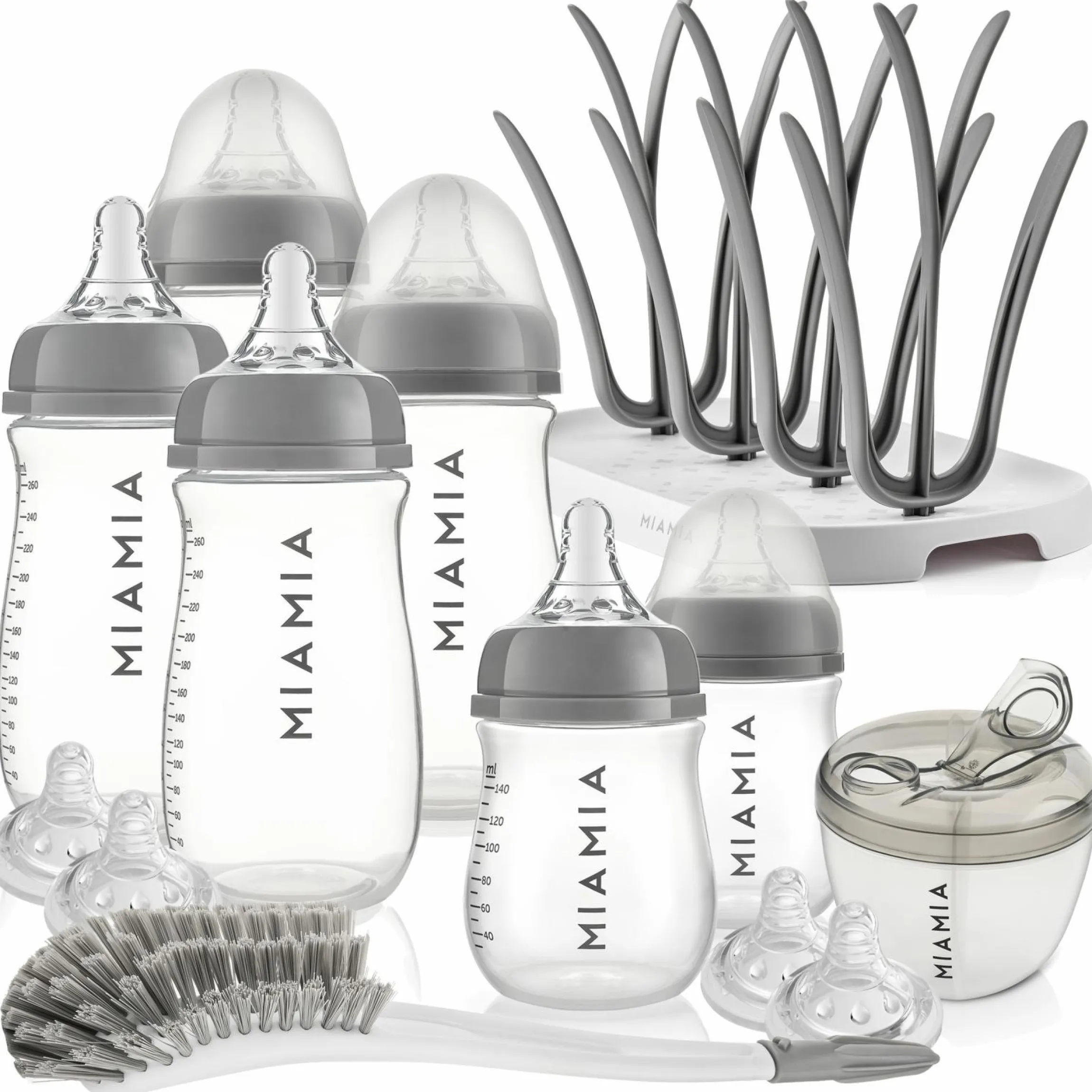 13-tlg. Starter-Set / Flaschen-Set - 6 PP-Flaschen + Trinksauger + Milchpulverportionierer + Flaschenbürste + Abtropfständer