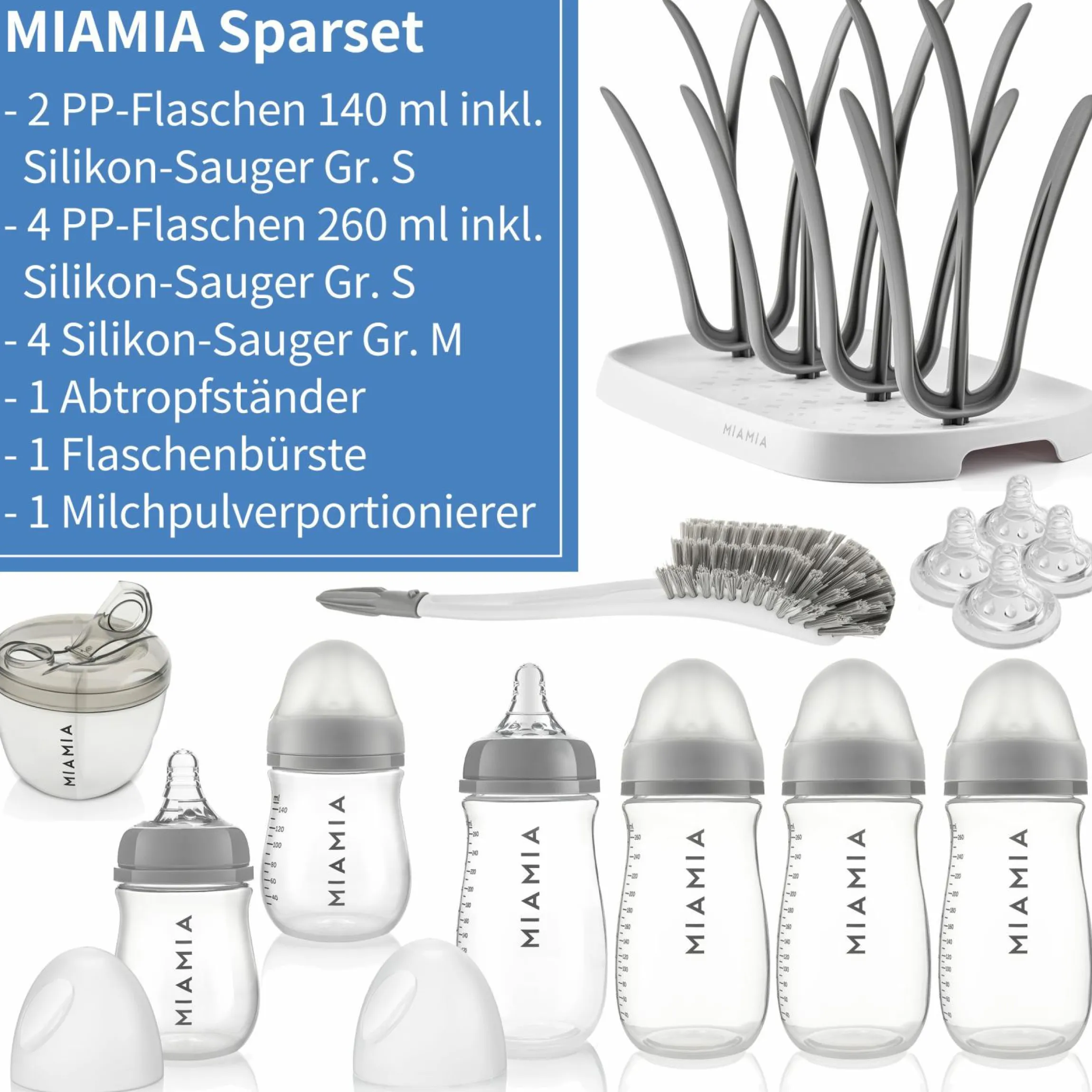 13-tlg. Starter-Set / Flaschen-Set - 6 PP-Flaschen + Trinksauger + Milchpulverportionierer + Flaschenbürste + Abtropfständer