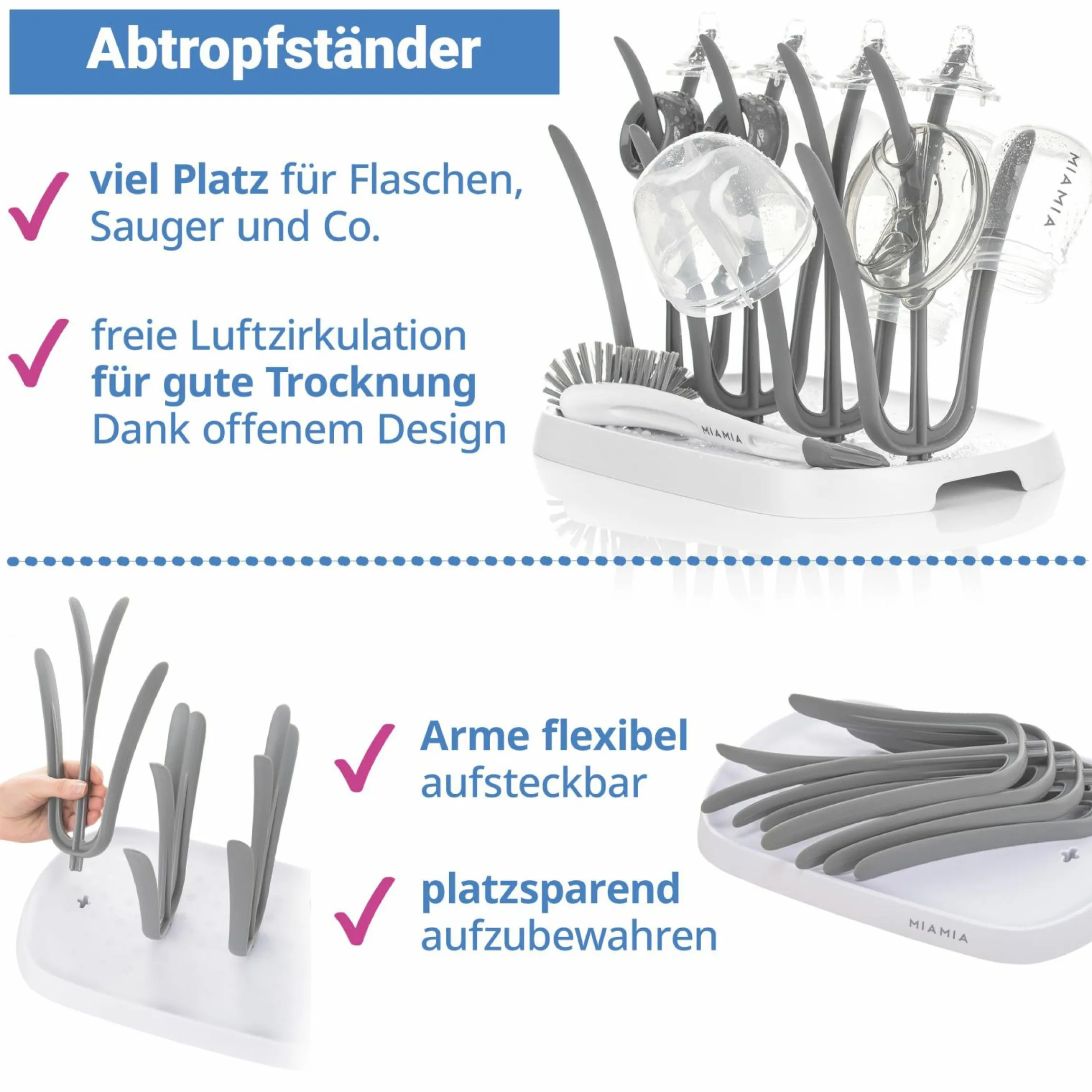 13-tlg. Starter-Set / Flaschen-Set - 6 PP-Flaschen + Trinksauger + Milchpulverportionierer + Flaschenbürste + Abtropfständer