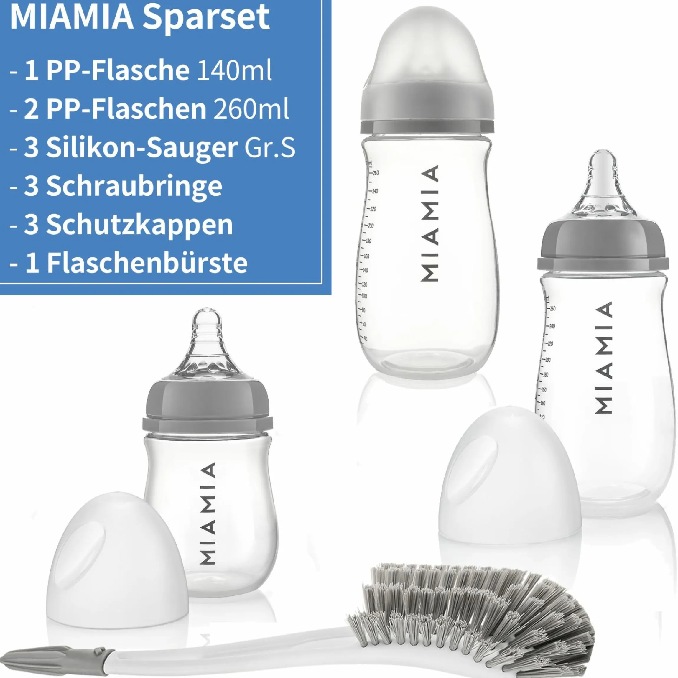 4-tlg. Starter-Set 3 PP-Flaschen inkl. Silikon-Trinksauger + Flaschenbürste