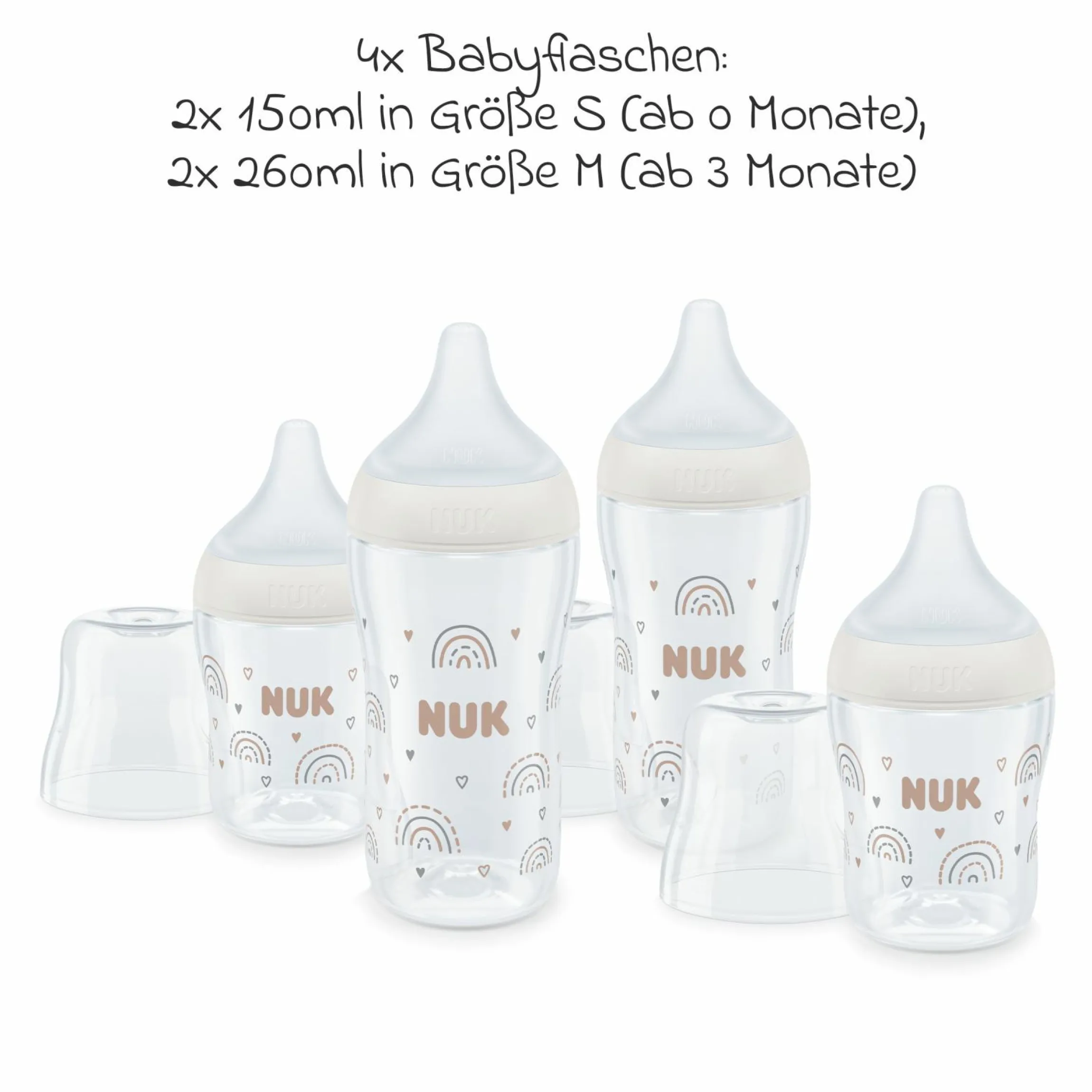 8-tlg. Starter-Set Perfect Match - 4x PP-Flasche (150 ml & 260 ml) + Silikon-Sauger (Gr. S, M & U) + Schnuller + Flaschenbürste - Regenbogen - Weiß
