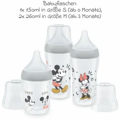 4-tlg. Starter-Set Perfect Match - 3x PP-Flasche (150 ml & 260 ml) + Silikon-Sauger (Gr. S & M) + Schnuller Space - Disney Mickey Mouse