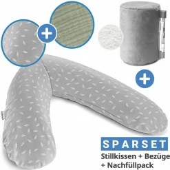 4-tlg. Stillkissen Sparset Das Original 190 cm inkl. 2 Bezügen + Mikroperlen-Nachfüllpack 9,5 l - Leaves & Musselin Salbei