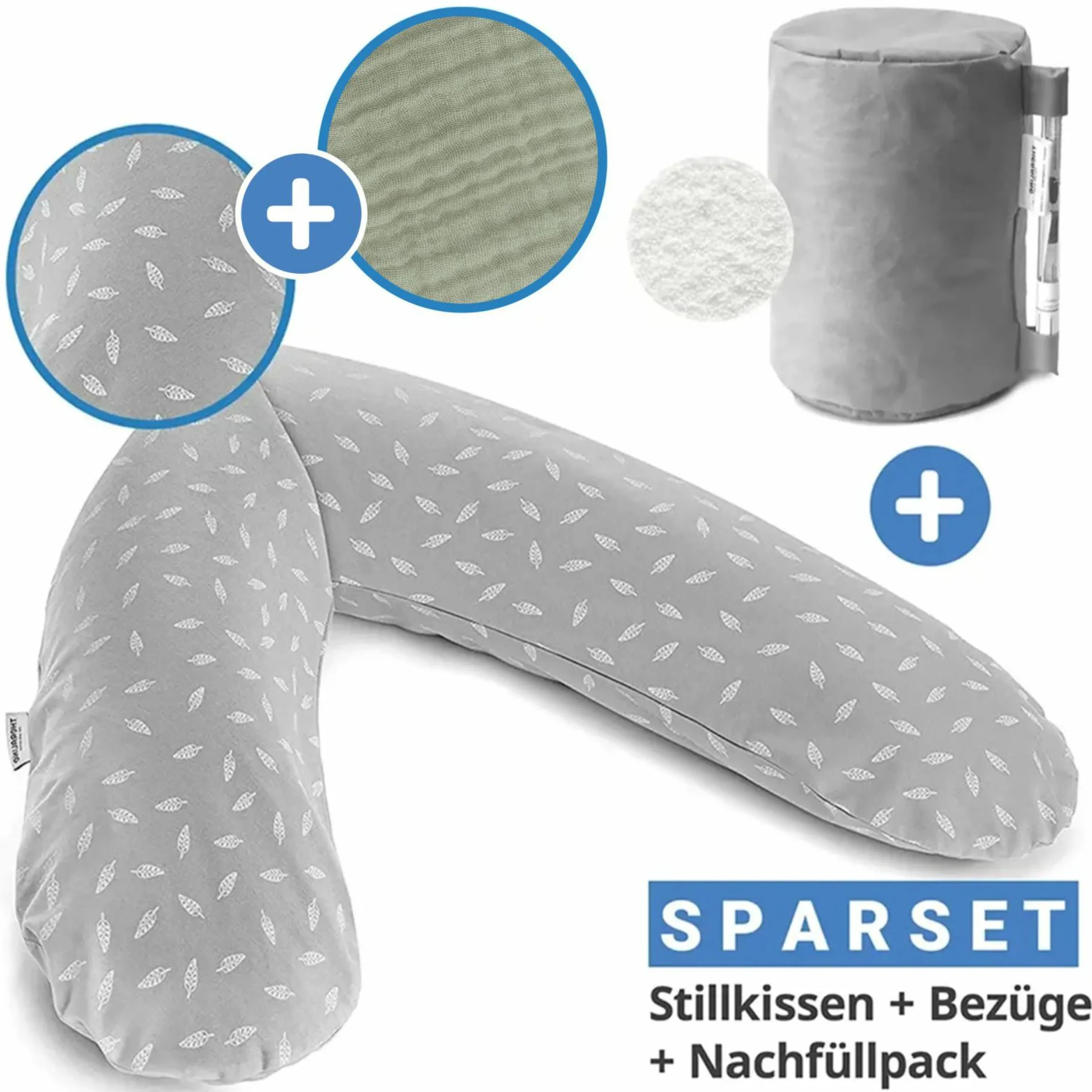 4-tlg. Stillkissen Sparset Das Original 190 cm inkl. 2 Bezügen + Mikroperlen-Nachfüllpack 9,5 l - Leaves & Musselin Salbei