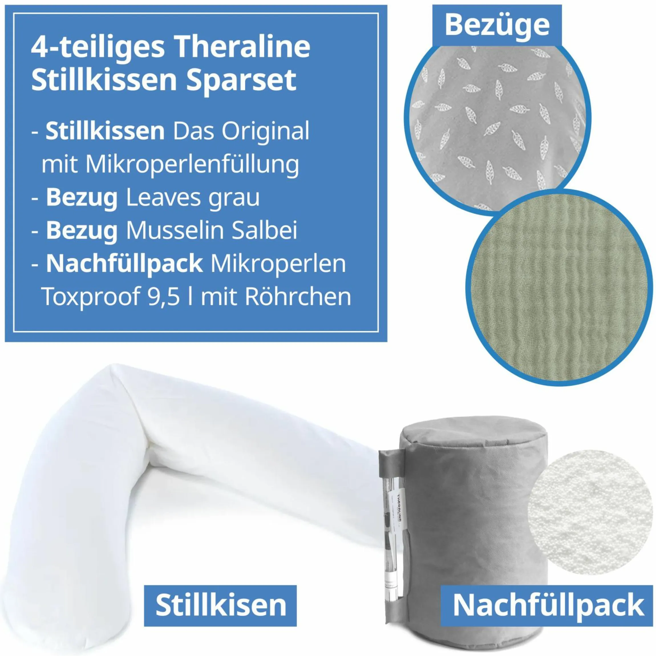 4-tlg. Stillkissen Sparset Das Original 190 cm inkl. 2 Bezügen + Mikroperlen-Nachfüllpack 9,5 l - Leaves & Musselin Salbei