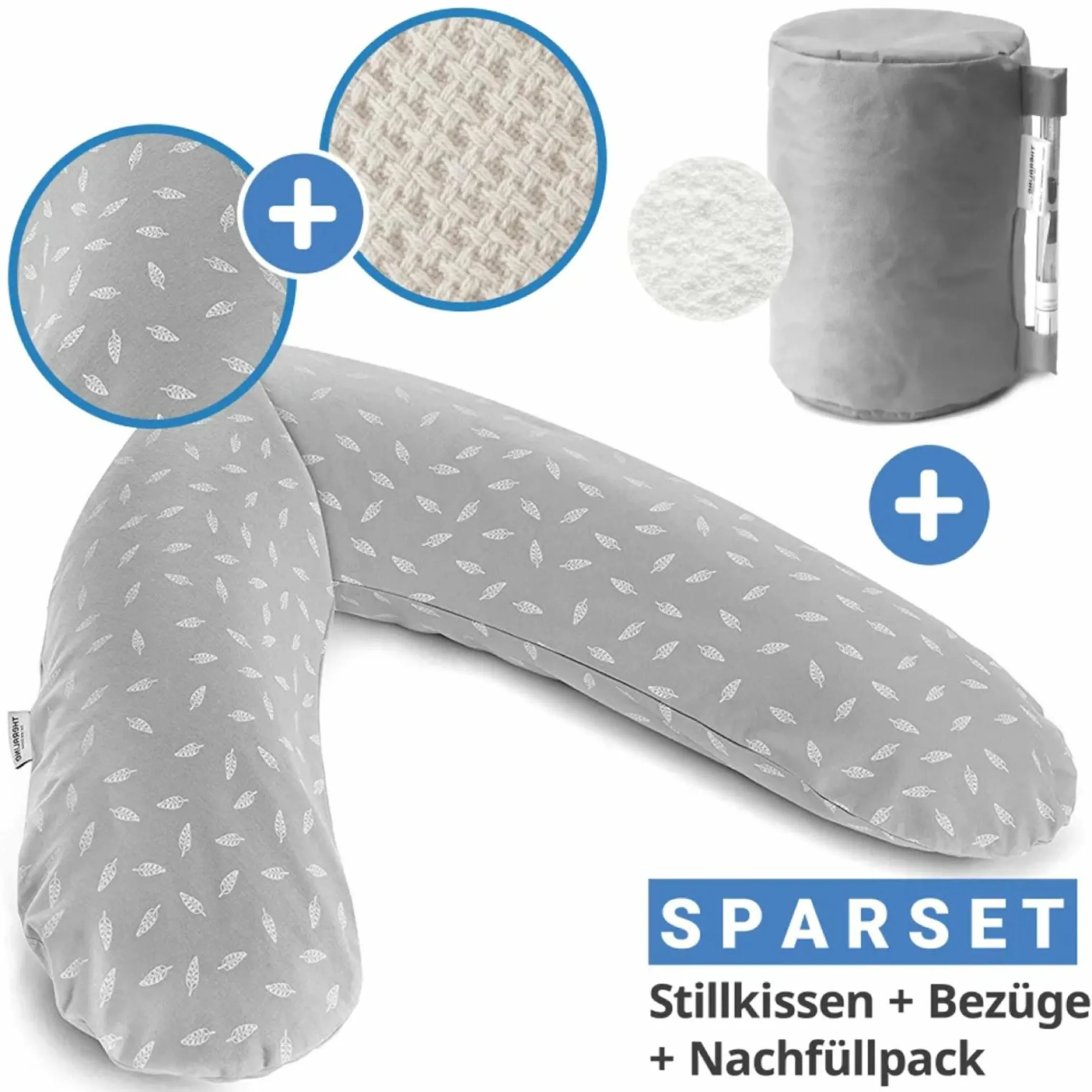 4-tlg. Stillkissen Sparset Das Original 190 cm inkl. 2 Bezügen + Mikroperlen-Nachfüllpack 9,5 l - Leaves & Feinstrick Creme