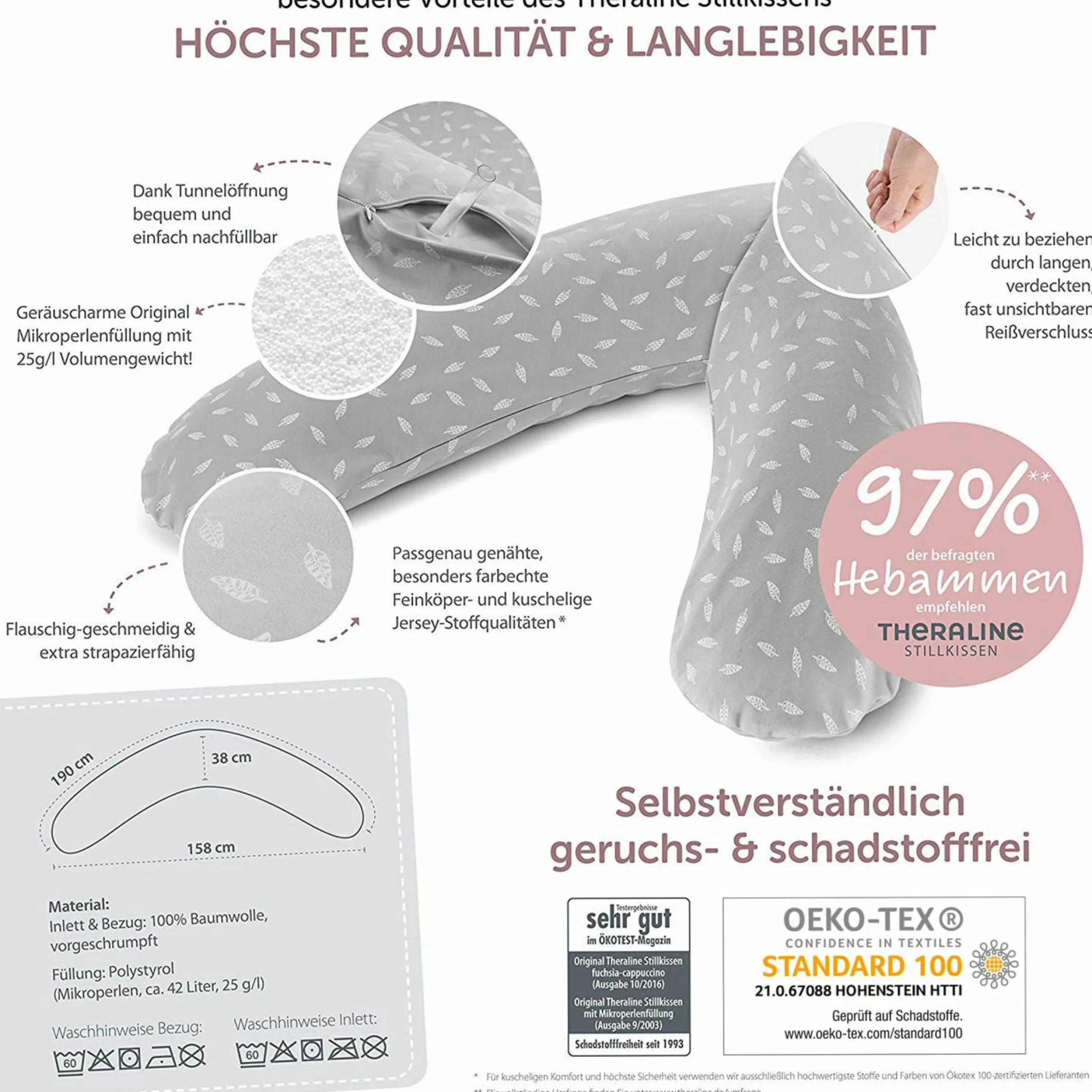 4-tlg. Stillkissen Sparset Das Original 190 cm inkl. 2 Bezügen + Mikroperlen-Nachfüllpack 9,5 l - Leaves & Feinstrick Creme