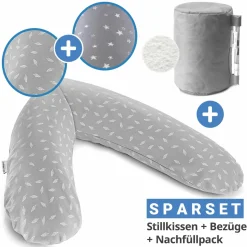 4-tlg. Stillkissen Sparset Das Original 190 cm inkl. 2 Bezügen + Mikroperlen-Nachfüllpack 9,5 l - Leaves & Sternenhimmel