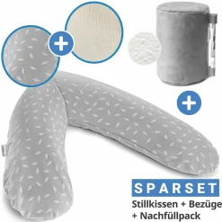 4-tlg. Stillkissen Sparset Das Original 190 cm inkl. 2 Bezügen + Mikroperlen-Nachfüllpack 9,5 l - Leaves & Musselin Sandbeige
