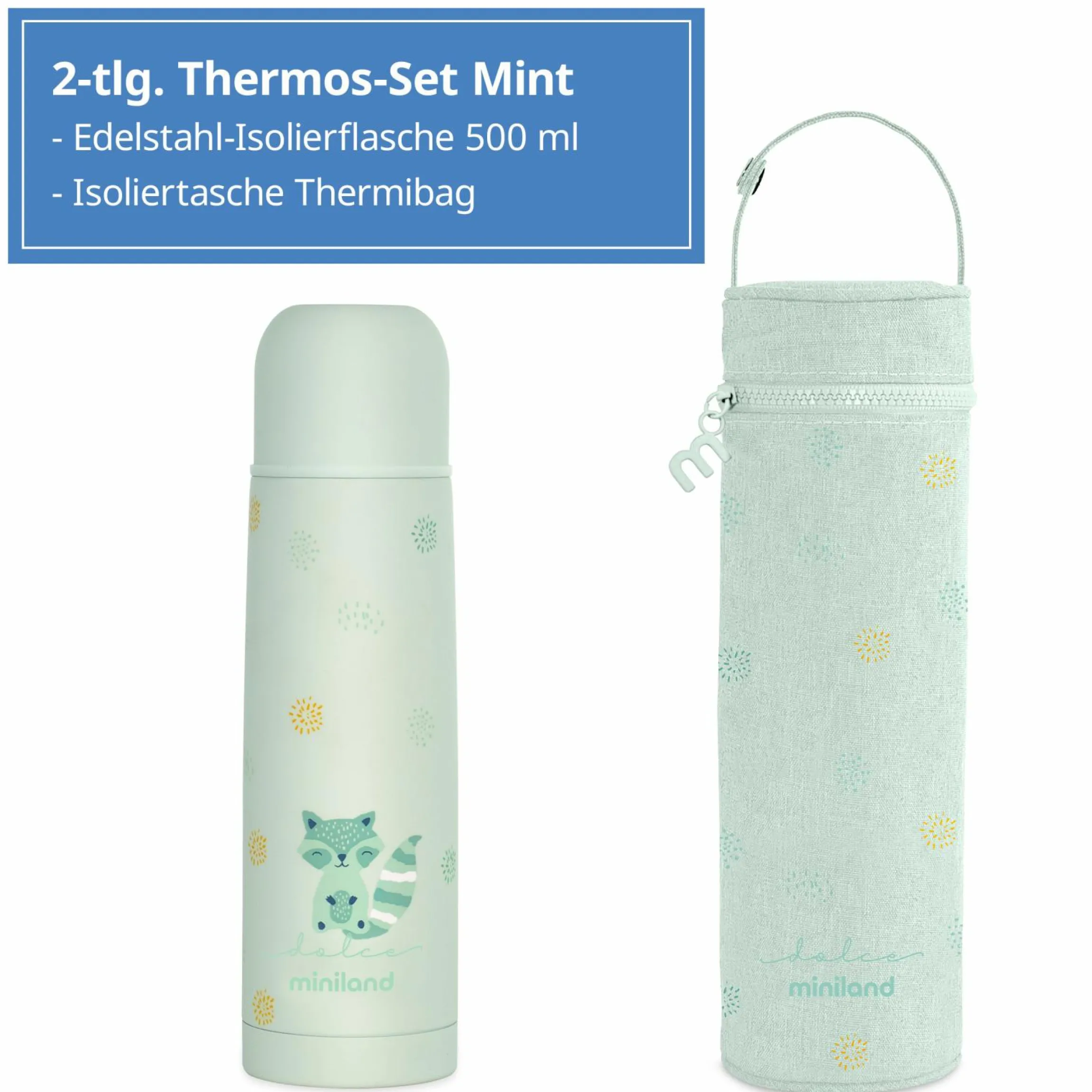 2-tlg. Thermos-Set 500 ml Baby Edelstahl-Isolierflasche Thermy mit Isolietasche Thermibag - zum Füttern für Unterwegs - Mint