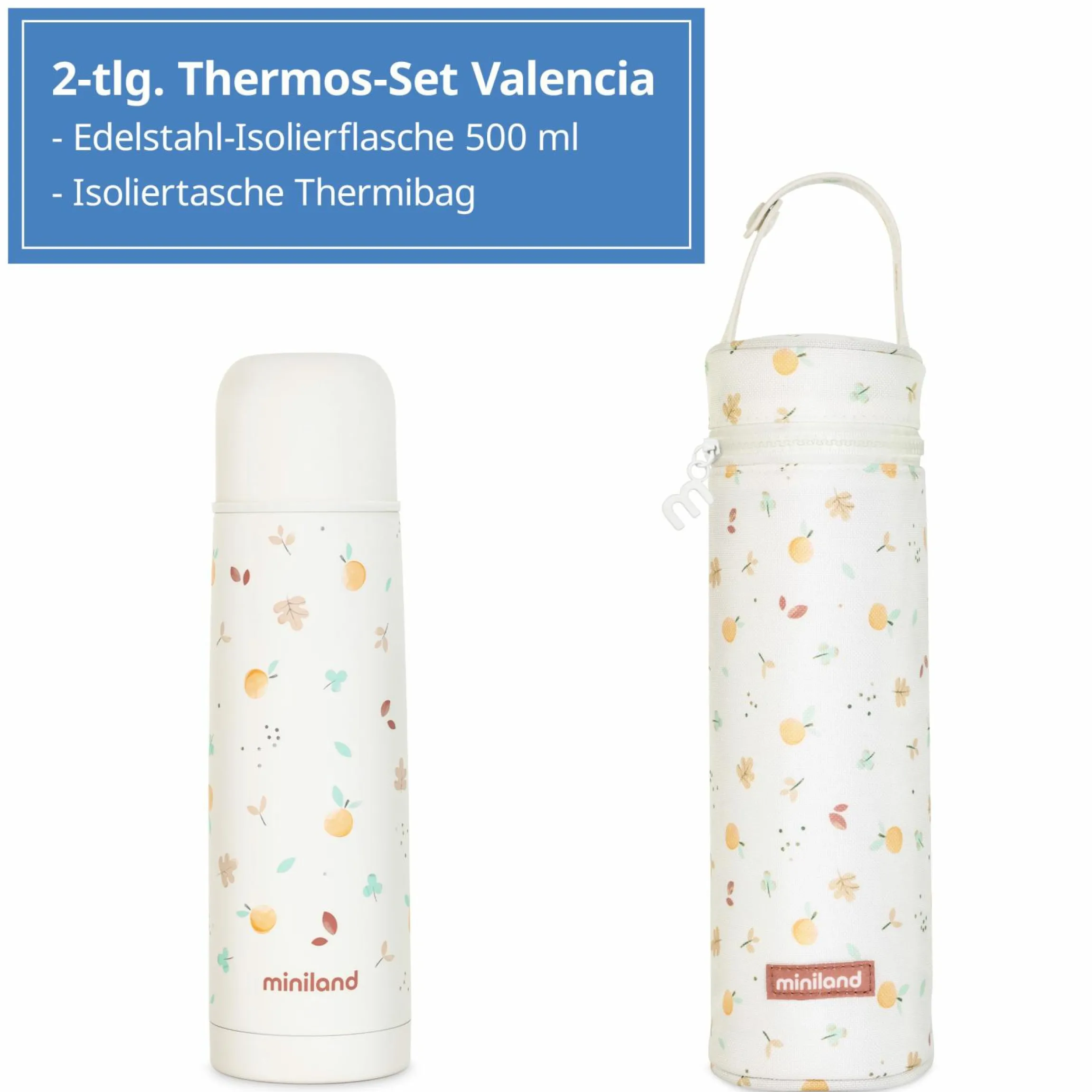 2-tlg. Thermos-Set 500 ml Baby Edelstahl-Isolierflasche Thermy mit Isolietasche Thermibag - zum Füttern für Unterwegs - Valencia