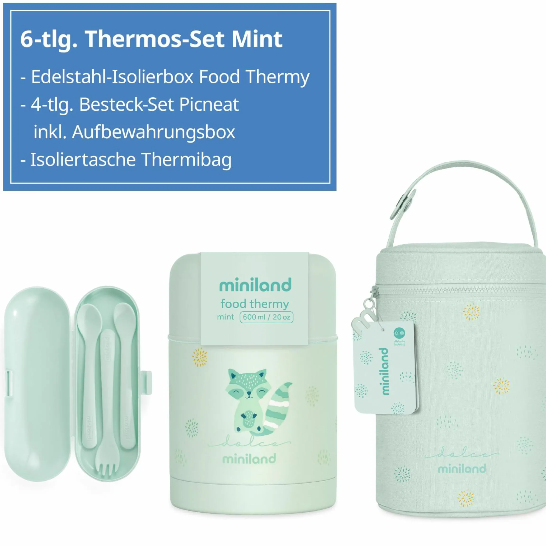 6-tlg. Thermos-Set 600 ml Baby Edelstahl-Isolierbehälter Food Thermy mit Besteck & Isoliertasche - zum Füttern für Unterwegs - Mint