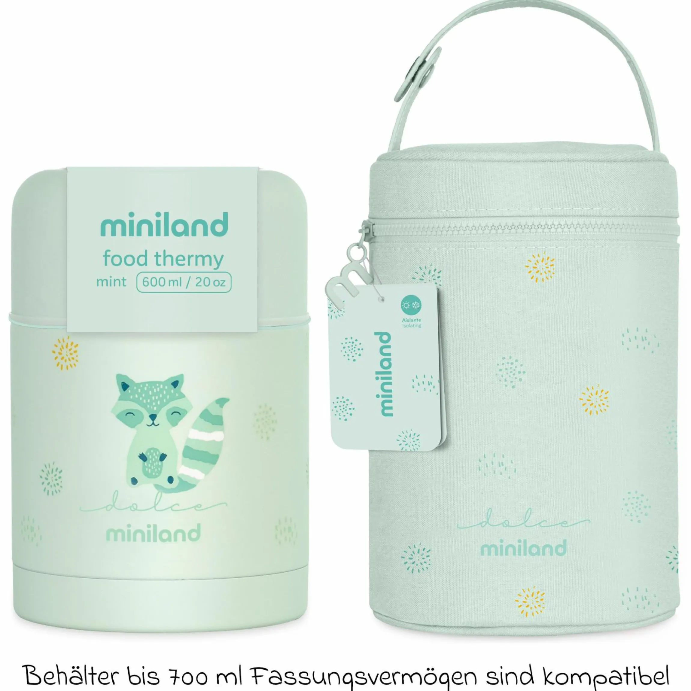 6-tlg. Thermos-Set 600 ml Baby Edelstahl-Isolierbehälter Food Thermy mit Besteck & Isoliertasche - zum Füttern für Unterwegs - Mint
