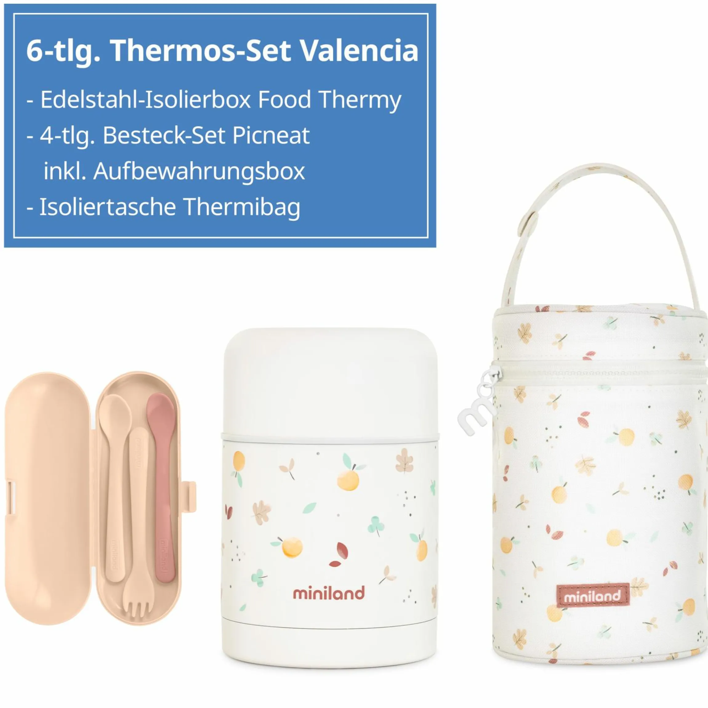 6-tlg. Thermos-Set 600 ml Baby Edelstahl-Isolierbehälter Food Thermy mit Besteck & Isoliertasche - zum Füttern für Unterwegs - Valencia