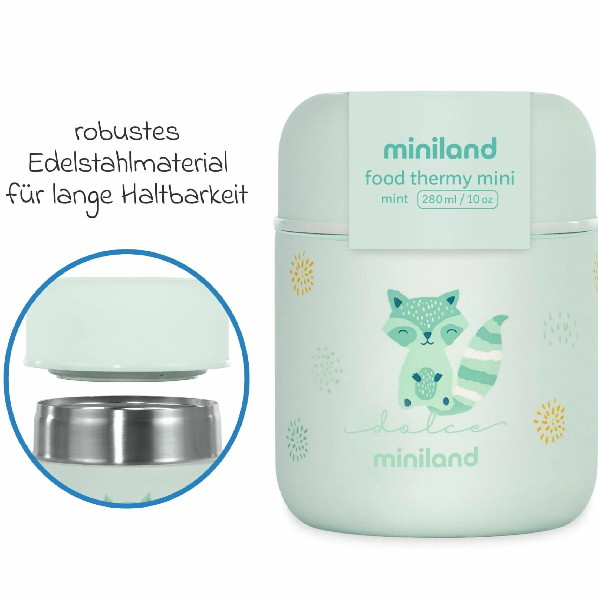5-tlg. Thermos-Set 280 ml Baby Edelstahl-Isolierbehälter Food Thermy Mini mit Besteck - zum Füttern für Unterwegs - Mint