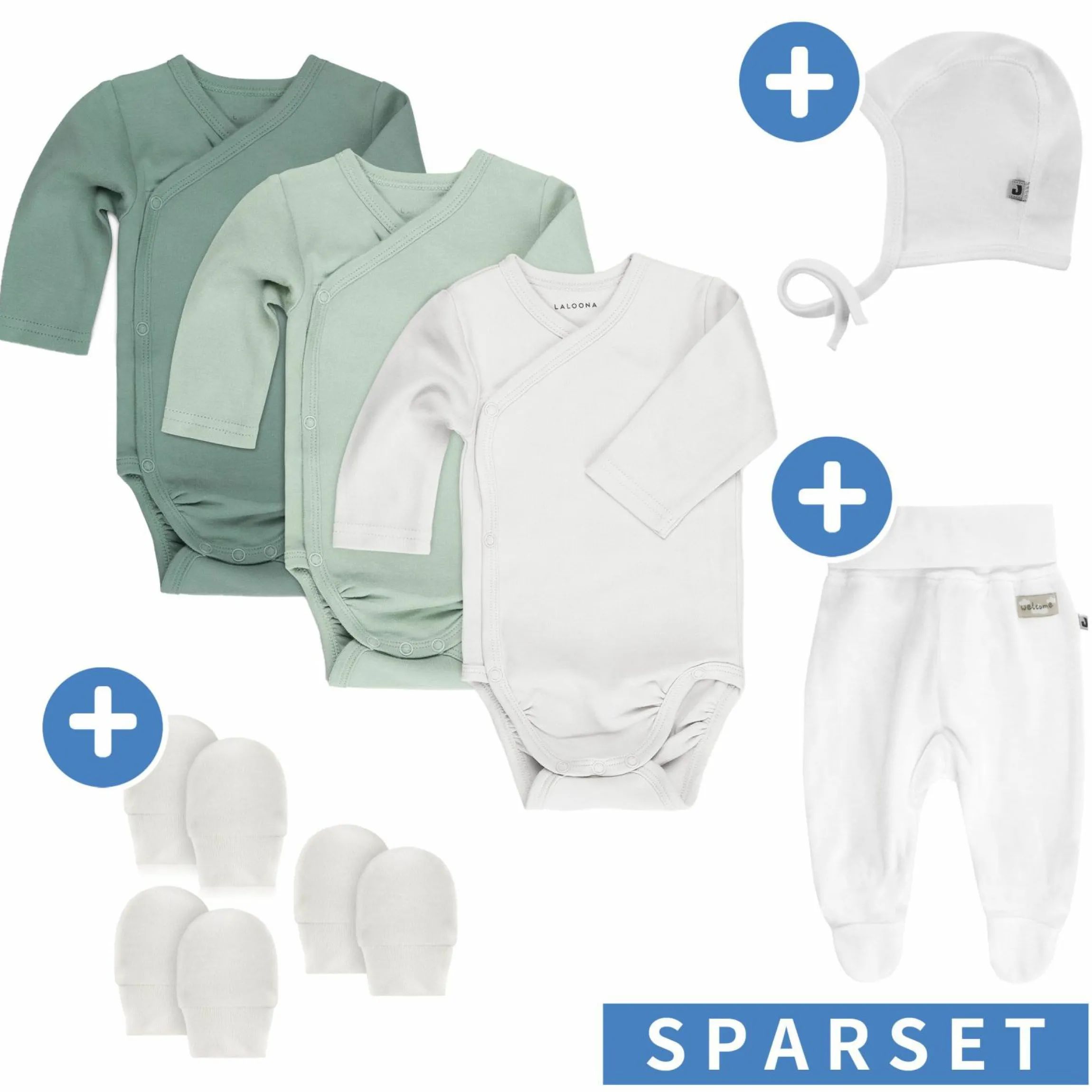 8-tlg. Wickelbody Set inkl. Strampelhose, Erstlingsmütze & 3 Paar Kratzfäustlinge - Salbei Weiß - Gr. 50/56
