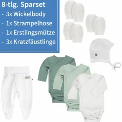 8-tlg. Wickelbody Set inkl. Strampelhose, Erstlingsmütze & 3 Paar Kratzfäustlinge - Salbei Weiß - Gr. 50/56