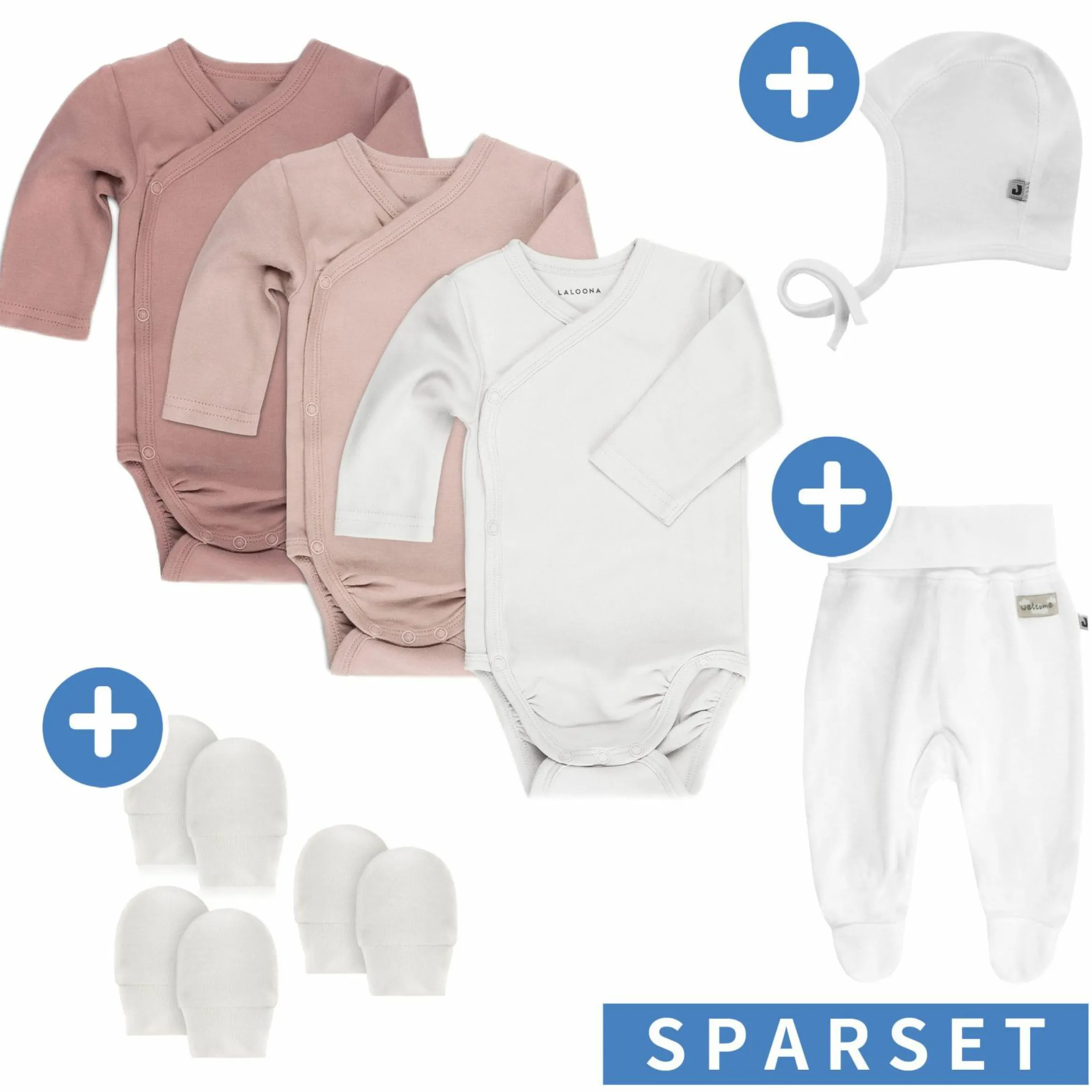 8-tlg. Wickelbody Set inkl. Strampelhose, Erstlingsmütze & 3 Paar Kratzfäustlinge - Beere Weiß - Gr. 50/56