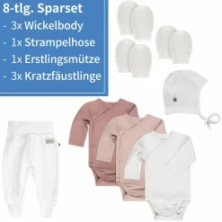 8-tlg. Wickelbody Set inkl. Strampelhose, Erstlingsmütze & 3 Paar Kratzfäustlinge - Beere Weiß - Gr. 50/56